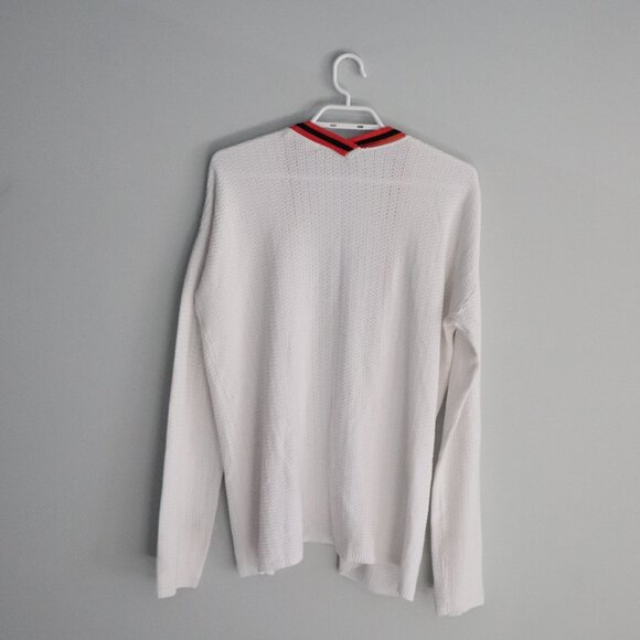 89th & Madison Open Front Oversized White Small Knit Red Collar Sweater Cardigan - Picture 2 of 11